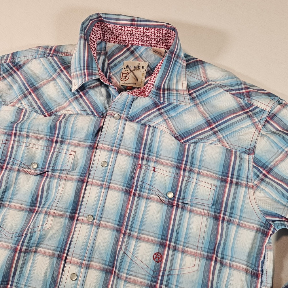 Roper‎ Long Sleeve Shirt Men's Medium Blue Plaid Pearl Snaps